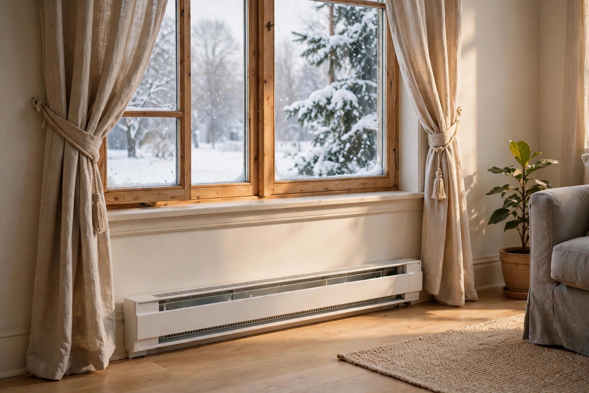 Electric baseboard heater beneath a snowy window with curtains tied back and clear space around it