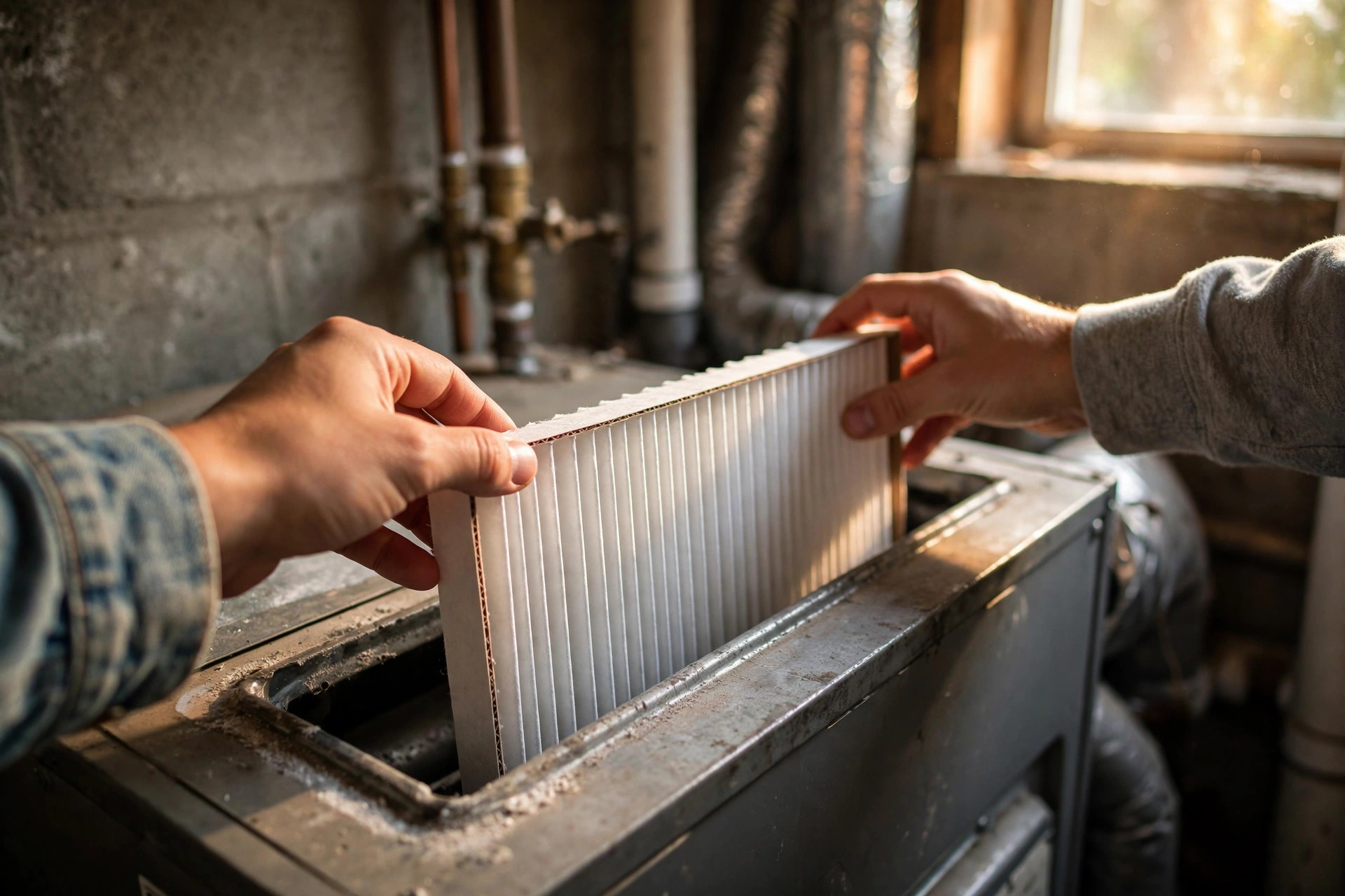 Hands sliding a fresh pleated furnace filter into a basement furnace slot