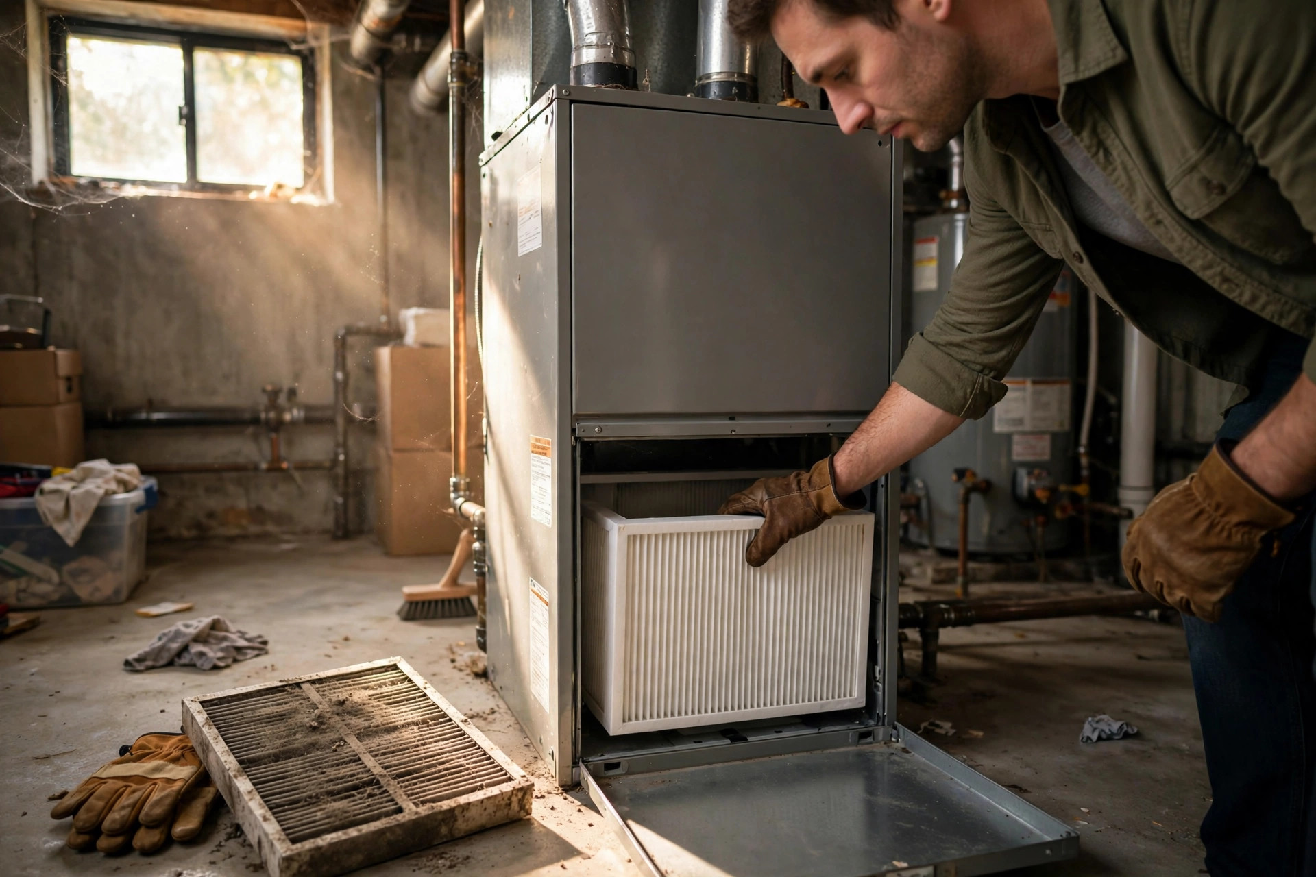Homeowner changing a furnace filter in a basement utility area