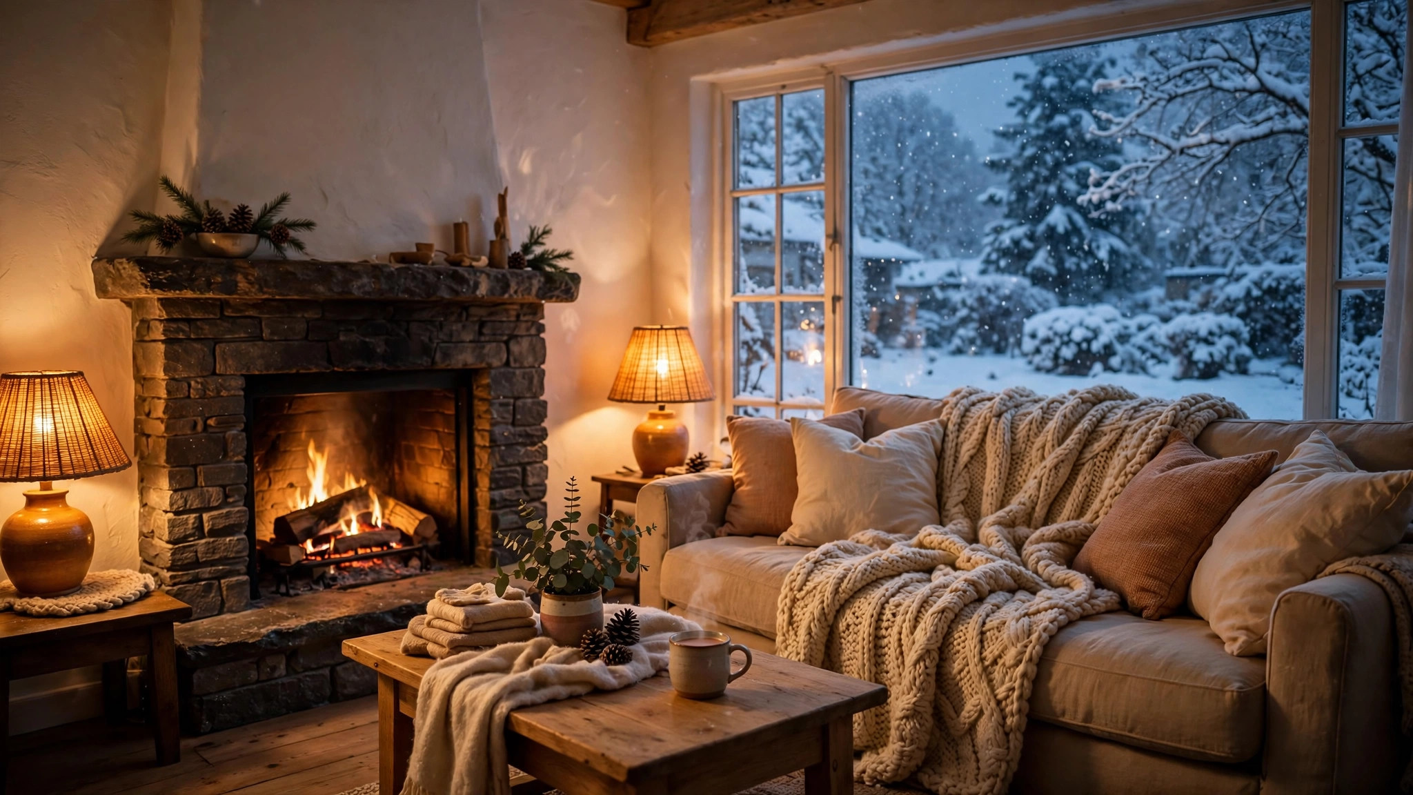 Cozy warm-lit living room on a snowy winter evening