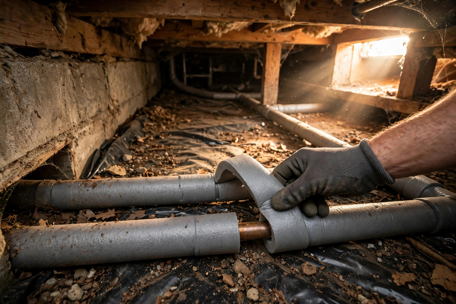 Gloved hand wrapping gray foam insulation around a copper pipe in a crawl space