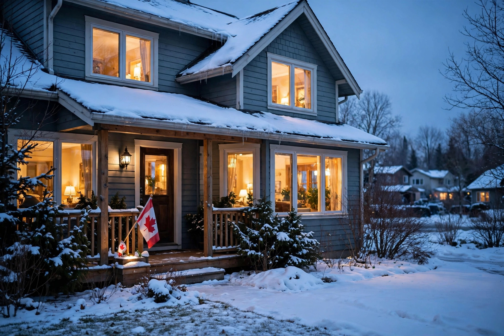 Canadian house in winter with a maple leaf flag, warm lights in the windows