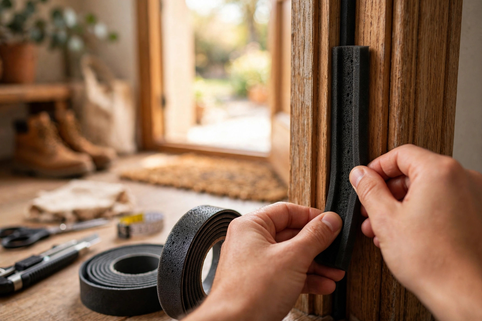 Applying weatherstripping to a wooden front door frame in warm natural light