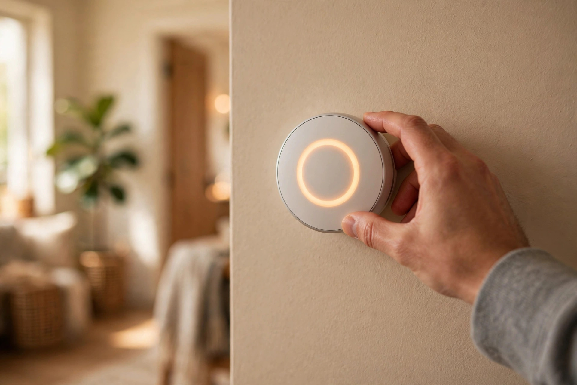 Hand adjusting a modern programmable thermostat on a warm-toned wall